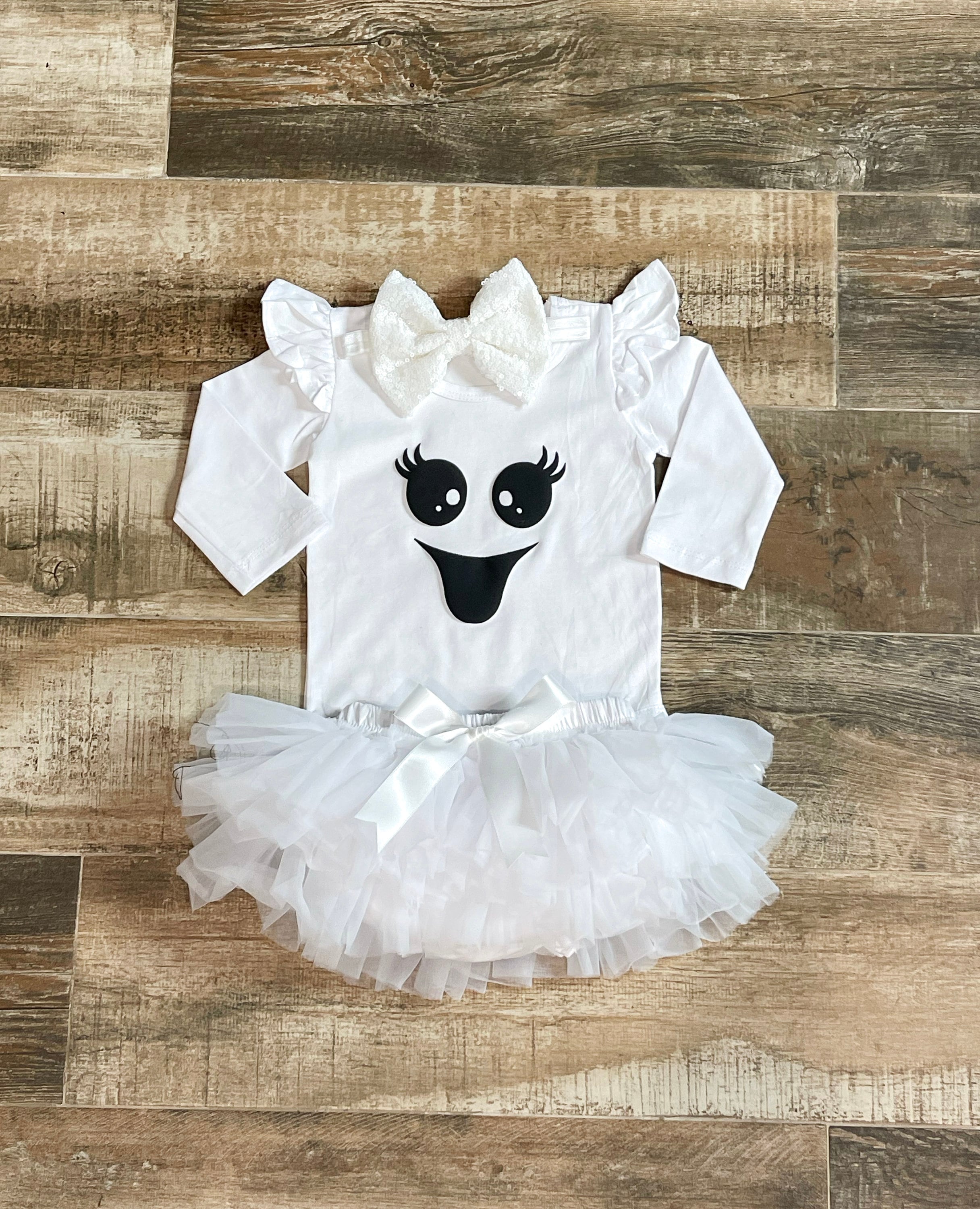 Girls Ghost Costume - Ghost Halloween Bodysuit, Ghost Halloween tutu, White Sequins bow on white Headband - Baby Girls First Halloween