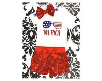 4th of July Outfit - Merica Onesie , Baby Girl Headbands - Red , White and Blue , 4th of July Baby girl Shorts ,  Independence Day Outfit