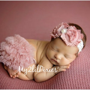 Baby Girl Headband and Ruffle Bloomer Dusty Rose Set Baby Bloomers Newborn Infant Toddler Baby Girl Photo Set Baby Girl Gift image 3