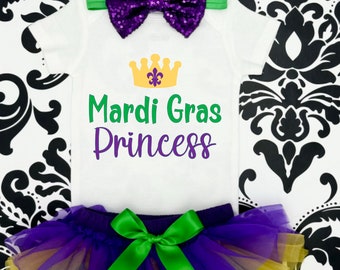 Mardi Gras Baby Girl Outfit- Mardi Gras Princess Bodysuit, Mardi Gras Tutu  in Purple - Gold- Green -Mardi Gras Baby Girl Outfit