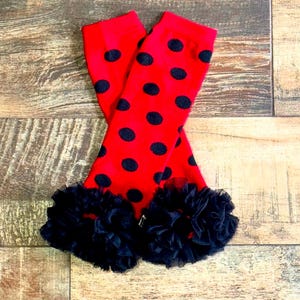 LADY BUG Leg Warmers - Lady Bug costume , red and black dots, ruffle leg warmers , baby leg warmers, Halloween leg warmers