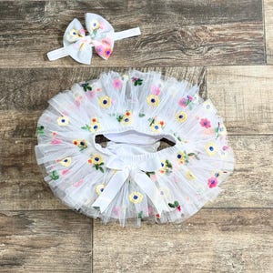 Multi color Embroidered Flower Tutu Bloomer  and headband (or bow on clip) Ruffles all the way around - First Birthday -Cake Smash