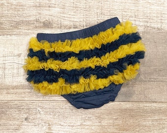 Michigan FOOTBALL ruffle Bum DIAPER COVER, Gold and Navy Ruffle Bum Bloomer