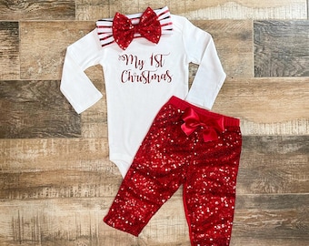 MY FIRST CHRISTMAS Outfit with Red Sparkle Pants - My First Christmas bodysuit - red sparkle bow on White and Red striped headband