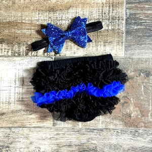 Baby girl Back the Blue outfit - Thin blue line Black and Blue Bloomer and Headband - Baby Girl Gift - Gift for Police Officer Baby Girl
