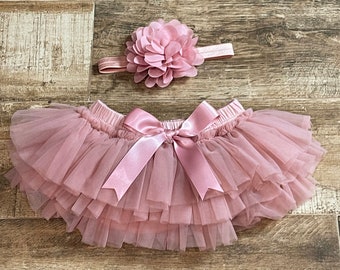 Baby Girl Tutu Bloomer and Headband in Dusty Rose - Flower Headband and Dusty Rose Tutu Bloomer - Baby Girl Gift