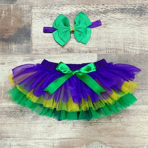 Mardi Gras tutu bloomer In purple, gold and Green and Green Bow on Purple Headband - Mardi Gras Tutu Bloomer and Headband Set