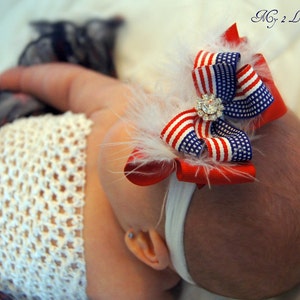 Patriotic Baby Headband 4th Of July Big Boutique Bow Headband Interchangeable Nylon Headband Red White and Blue American Flag image 2