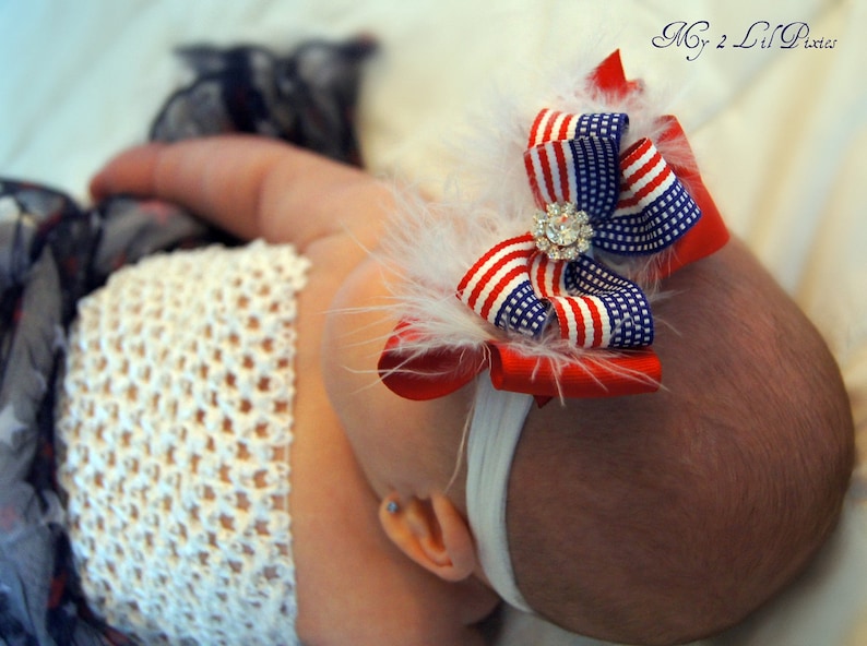 Patriotic Baby Headband 4th Of July Big Boutique Bow Headband Interchangeable Nylon Headband Red White and Blue American Flag image 2