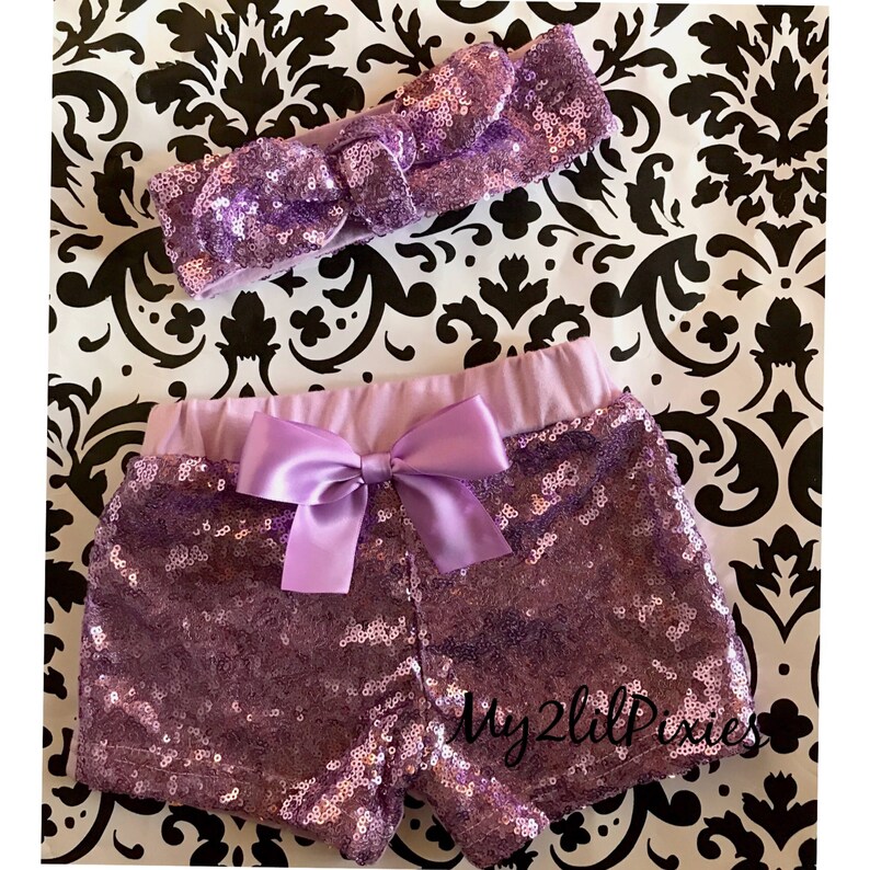 Toddler shorts Baby Girl Lavender Sparkle Sequin SHORTS and HEADBAND- Glitter Shorts Birthday Set Sequin shorts girl sequin shorts-