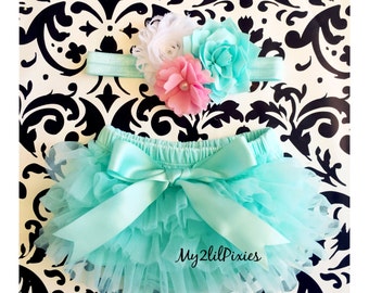 BABY BLOOMER and HEADBAND Set- Ruffle Bum Baby Bloomer with Bow and Flower Headband , Spring Set, Baby Girl Gift