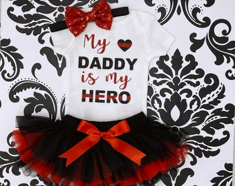 Firefighter Daddy , Baby gift for firefighter, Thin Red Line Bodysuit,  My Daddy is my Hero, baby girl fire fighter gift, red and black