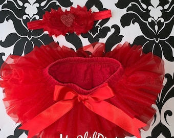 Baby Headband and Tutu Bloomer in Red, Red tutu , Shabby Flower Headband , Valentines Day Outfit, Baby Gift, Newborn, Infant, Toddler
