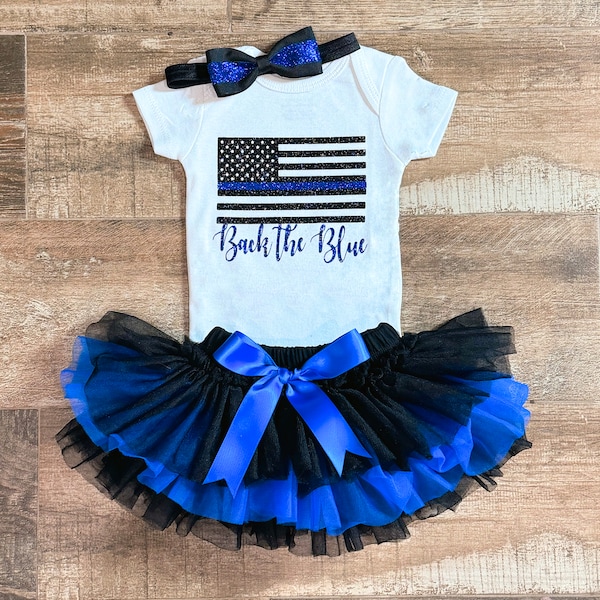 Back the Blue American Flag Bodysuit , Black and Blue Tutu and Bow Headband , Law Enforcement Gift for Expectant Parents , Daddy Hero