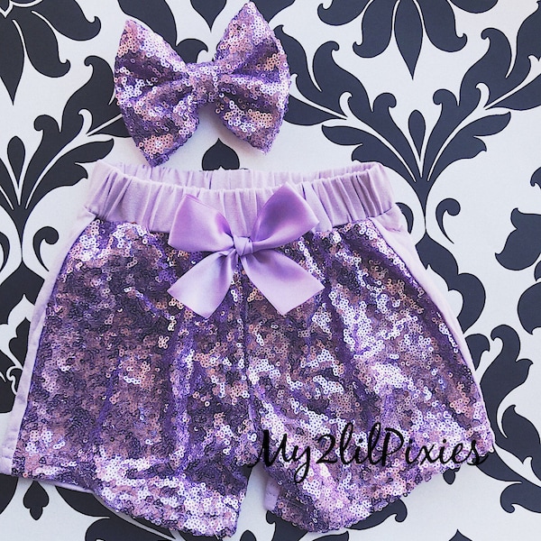 Lavender sequins shorts and Hair Bow , lavender bow, Sparkle SHORTS-  girls birthday shorts, girls lavender shorts- infant toddler big girl