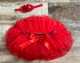 Red Tutu Bloomer and Headband Baby Girl Tutu and Red Flower Headband Baby Girl Outfit