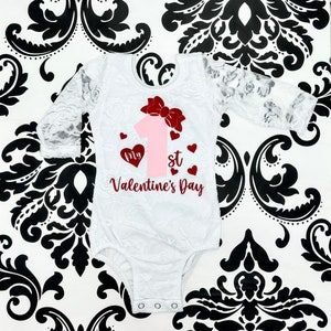 My First Valentines Day Outfit, White Lace Bodysuit, Red tutu Bloomer, Red Flower Headband Valentines Day Baby Girl Clothing image 6