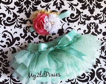 Tutu Bloomer and Headband Set - Mint , Coral, white and Gold, Photo Outfit - Birthday Outfit , Cake Smash Headband and Tutu , First Birthday