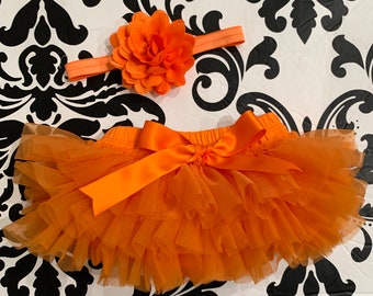 Orange TUTU BLOOMER and HEADBAND-  Baby Girl Headbands, baby bloomers , front back ruffle bloomer , fall set, baby girl set