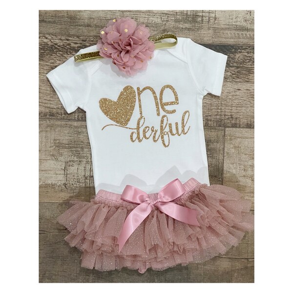 One derful Birthday Girl Set, Onderful Bodysuit, vintage pink tutu , headband . First Birthday Outfit, One, gold and vintage pink, 1