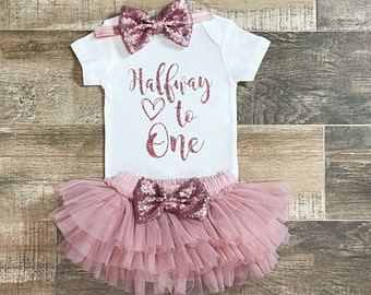 Half way to One Birthday outfit girl, half birthday ONESIE®, Tutu and Headband , 1/2 Birthday Outfit , 6 months Birthday, rose gold