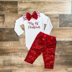 My First Christmas Outfit with Red Sparkle Pants - My First Christmas bodysuit - red sparkle bow on White and Red striped headband