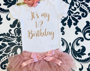 Half Birthday girl Outfit- Rose Gold- half birthday ONESIE® outfit - 1/2 Birthday girl Clothing - 6 month birthday
