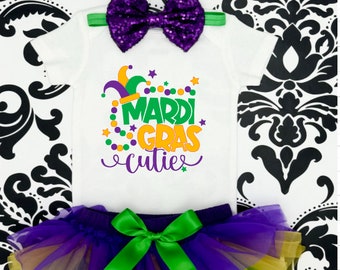 Mardi Gras Baby Girl Outfit- Mardi Gras Cutie Bodysuit, Mardi Gras Tutu  in Purple - Gold- Green -Mardi Gras Baby Girl Outfit