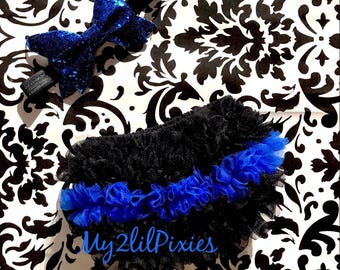 Baby girl BACK THE BLUE outfit, Thin blue line Black and Blue Bloomer and Headband, Baby Girl Gift, Gift for Police Officer Baby Girl