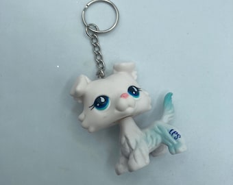 Littlest Pet Shop Hasbro LPS Collie Dog White Blue Keychain Backpack Zipper Purse Chain 2" Tall Repurposed Toys Figural Figure