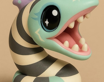 May include: A whimsical, stylized serpent figurine with a striped body in black, cream, and gray. The head is mint green with large black eyes, a pink mouth, and a lavender fin with polka dots. A pink flower decorates the base.