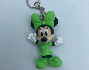 Disney Minnie Mouse Green Outfit Dress Posing Character Keychain Backpack Zipper Purse Chain 2" Tall Repurposed Toys Figural Figure