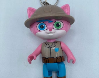 May include: Pink and brown cat keychain with a blue and green face, wearing a brown hat with a badge. The cat is wearing a brown vest with a blue patch and a brown belt. The cat is wearing blue pants and brown boots.