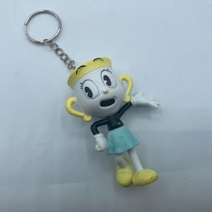 May include: A cartoon-style keychain featuring a character with a white cup-shaped head, yellow handle-like ears, and a light blue skirt. The character has a surprised expression and is attached to a silver keyring.