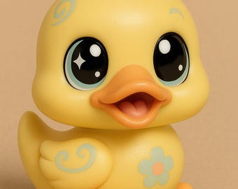 May include: A yellow duck figurine with large, expressive eyes and an open beak. The duck has a pink crest, orange feet and beak, and a blue and orange flower design on its side. Decorative swirls adorn the wings.