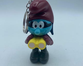 Blue Smurf Holding Binoculars Moxie Girl Character Keychain Backpack Zipper Purse Chain 3.75" Repurposed Toys Figural Figure