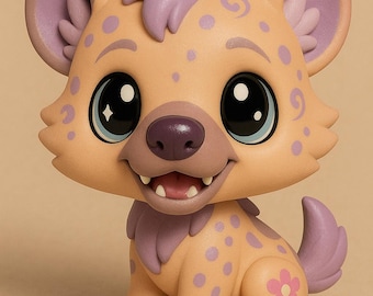 May include: A cartoon hyena figurine with a tan body, purple spots, and purple accents on the ears and mane. The figurine has large, expressive eyes and a smiling mouth. A pink flower decorates the hip.