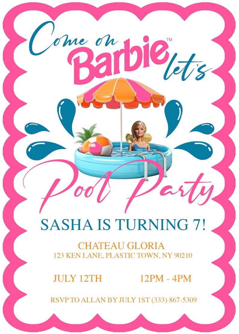 Blonde Barbie Pool Party Invitation. Colorful Pink Fun Splash Theme. Custom Design for Little ...