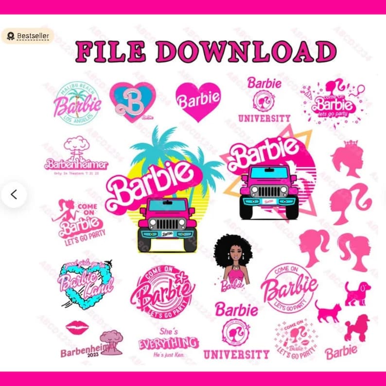 K&ouml;nnte beinhalten: Ein digitaler Download mit Barbie-Designs in Pink, Wei&szlig; und T&uuml;rkis. Enth&auml;lt Logos, Silhouetten und Illustrationen eines Jeeps, Herzen und den Text "FILE DOWNLOAD".