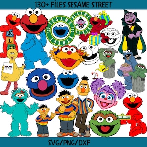 May include: A collection of colorful Sesame Street character illustrations, including Elmo, Big Bird, Cookie Monster, and others. The image also features Sesame Street logo designs and the text "130+ FILES SESAME STREET" and "SVG/PNG/DXF".