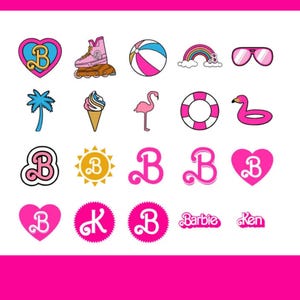 K&ouml;nnte beinhalten: Eine Sammlung von rosa und blauen grafischen Illustrationen mit einem Rollschuh, einem Strandball, einem Regenbogen, einer Sonnenbrille, einer Palme, einem Eis, einem Flamingo, einer Schwimmweste und verschiedenen Herz- und Sonnendesigns mit dem Buchstaben "B". Enth&auml;lt auch die W&ouml;rter "Barbie" und "Ken".