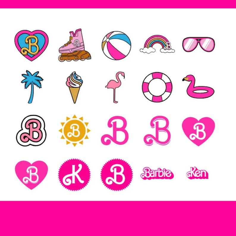 K&ouml;nnte beinhalten: Eine Sammlung von rosa und blauen grafischen Illustrationen mit einem Rollschuh, einem Strandball, einem Regenbogen, einer Sonnenbrille, einer Palme, einem Eis, einem Flamingo, einer Schwimmweste und verschiedenen Herz- und Sonnendesigns mit dem Buchstaben "B". Enth&auml;lt auch die W&ouml;rter "Barbie" und "Ken".