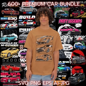 May include: A person wearing a tan t-shirt featuring a graphic of three sports cars. The background displays various car illustrations and text, including "Premium Car Bundle" and car model names. The image also includes "SVG PNG EPS AI JPG" text.
