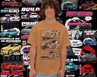 May include: A person wearing a tan t-shirt featuring a graphic of three sports cars. The background displays various car illustrations and text, including "Premium Car Bundle" and car model names. The image also includes "SVG PNG EPS AI JPG" text.