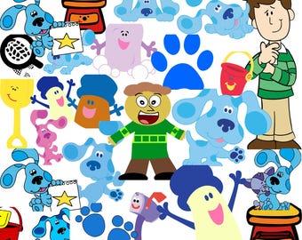 Puede incluir: Una colección de imágenes de dibujos animados coloridos con un perro azul, un personaje amarillo, un personaje verde y un cubo rojo. Las imágenes son perfectas para proyectos de manualidades, scrapbooking o crear regalos personalizados. El texto "110+ FILES BLUES" y "DXF/PNG/SVG" también se incluye en la imagen.