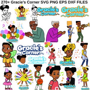 以下が含まれることがあります： キャラクターと「Gracie's Corner」のテキストを含むデジタルグラフィックのコレクション。画像には、さまざまなポーズやスタイルで、子供、大人、Gracie's Cornerのロゴのさまざまなイラストが含まれており、デジタルクラフトに適しています。