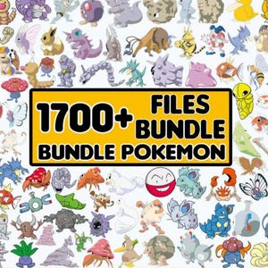 Könnte beinhalten: Ein farbenfrohes Bild mit zahlreichen Zeichentrickfiguren, mit einem gelben Banner mit der Aufschrift "1700+ FILES BUNDLE POKEMON". Das Bild zeigt eine Vielzahl von bunten Kreaturen, darunter Monster und Fantasy-Charaktere.