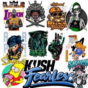 May include: A collection of 10 colorful digital illustrations featuring various designs. The designs include a basketball player, a samurai, a baby, a skeleton, a grim reaper, a hand holding a joint, a cartoon cat, a cartoon character, a logo with the words "Kush Fearless", and a cartoon animal.