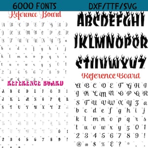 May include: Reference board showing 6000 fonts in black and white. The fonts are organized alphabetically and numerically. The board also includes a set of fonts with a flame design in black.