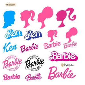 K&ouml;nnte beinhalten: Eine Sammlung von rosa und blauen Grafiken mit Silhouetten und Text. Das Bild enth&auml;lt die W&ouml;rter "Ken" und "Barbie" in verschiedenen Schriftarten und Stilen sowie Silhouettenprofile eines Mannes und einer Frau.